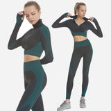 Women 2Piece Yoga Set High Waisted Workout Leggings And Sports Crop Top Zipper Jacket Long Sleeve With Thum Hole