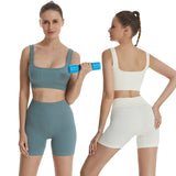Ribbed Workout Sets for Women 2 Piece Seamless  Sport Bra Crop Tank High Waist Shorts Yoga Outfits