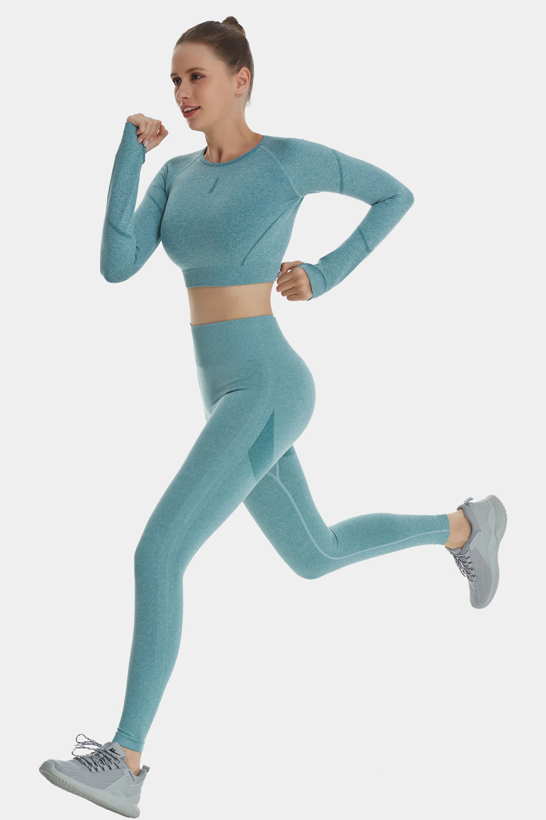 Yoga Pants 2pcs/Set Women Sport Running Suit Yoga Set Gym Workout Clothes  Long Sleeve Fitness Crop Top + High Waist Energy Seamless Legging Leggings  (Color : Green, Size : Large) : 
