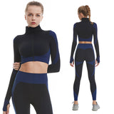 Women 2Piece Yoga Set High Waisted Workout Leggings And Sports Crop Top Zipper Jacket Long Sleeve With Thum Hole