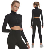 Women 2Piece Yoga Set High Waisted Workout Leggings And Sports Crop Top Zipper Jacket Long Sleeve With Thum Hole