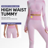 Women 2Piece Yoga Set High Waisted Workout Leggings And Sports Crop Top Zipper Jacket Long Sleeve With Thum Hole