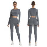 Women 2pcs Seamless Yoga Set Sport Suit Gymwear Workout Clothes Long Sleeve Gym Crop Top High Waist Leggings Fitness Sports Wear