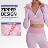 Women 2Piece Yoga Set High Waisted Workout Leggings And Sports Crop Top Zipper Jacket Long Sleeve With Thum Hole