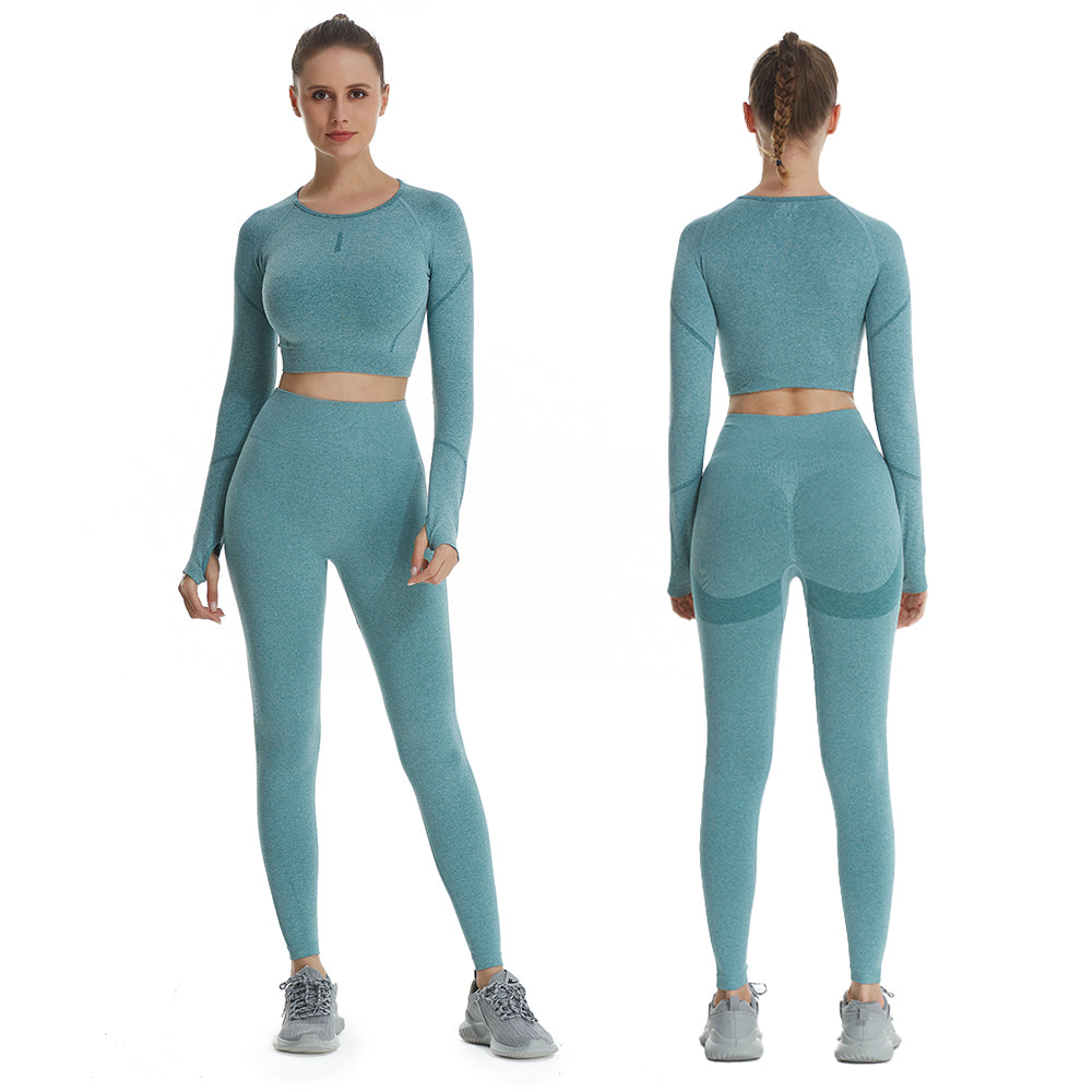 JN JANPRINT Gym Set Women Workout Set 2 Pieces Outfits Ribbed Long Sleeve  Top High Waist Leggings Activewear Clothes Gym wear Sets