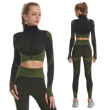 Women 2Piece Yoga Set High Waisted Workout Leggings And Sports Crop Top Zipper Jacket Long Sleeve With Thum Hole