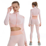 Women 2Piece Yoga Set High Waisted Workout Leggings And Sports Crop Top Zipper Jacket Long Sleeve With Thum Hole
