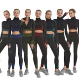 Women 2Piece Yoga Set High Waisted Workout Leggings And Sports Crop Top Zipper Jacket Long Sleeve With Thum Hole